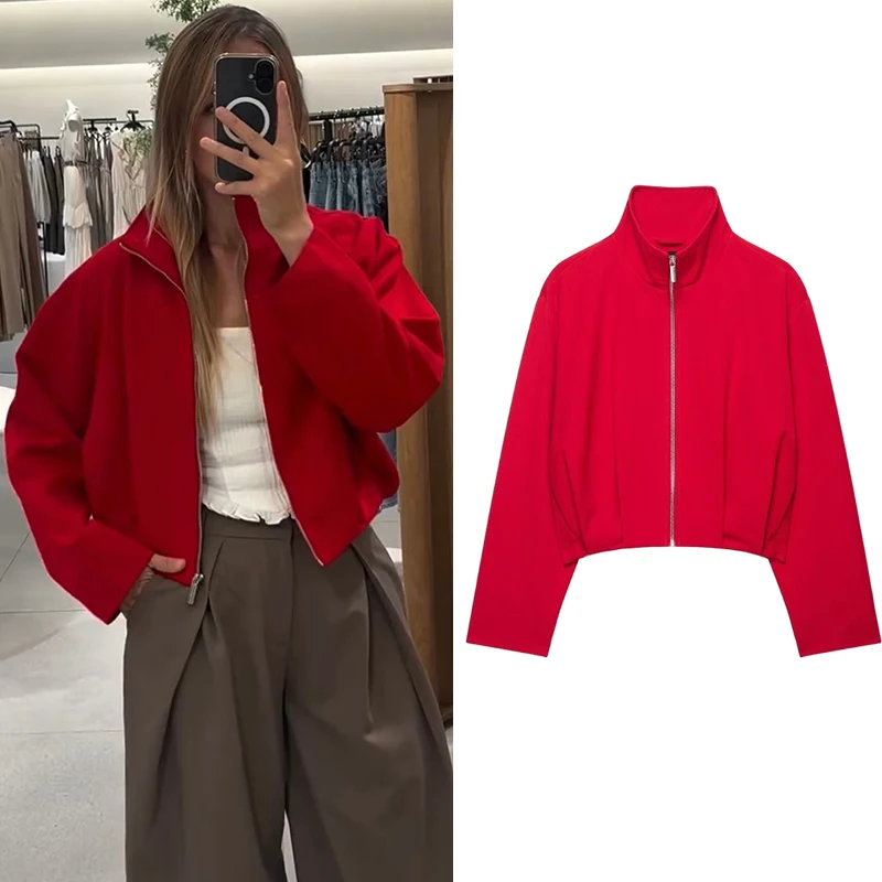Women's  Stand Collar Bomber Jacket, Zip Up Short Flight Jacket, Casual Athletic Outerwear