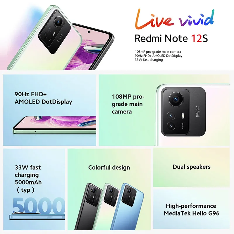 Xiaomi-Redmi Note 12S Versão Global, 128GB, 256GB, Helio G96, Câmera 108MP, 90Hz, Tela AMOLED de 6,43 ", Carregamento Rápido de 33W, 5000mAh