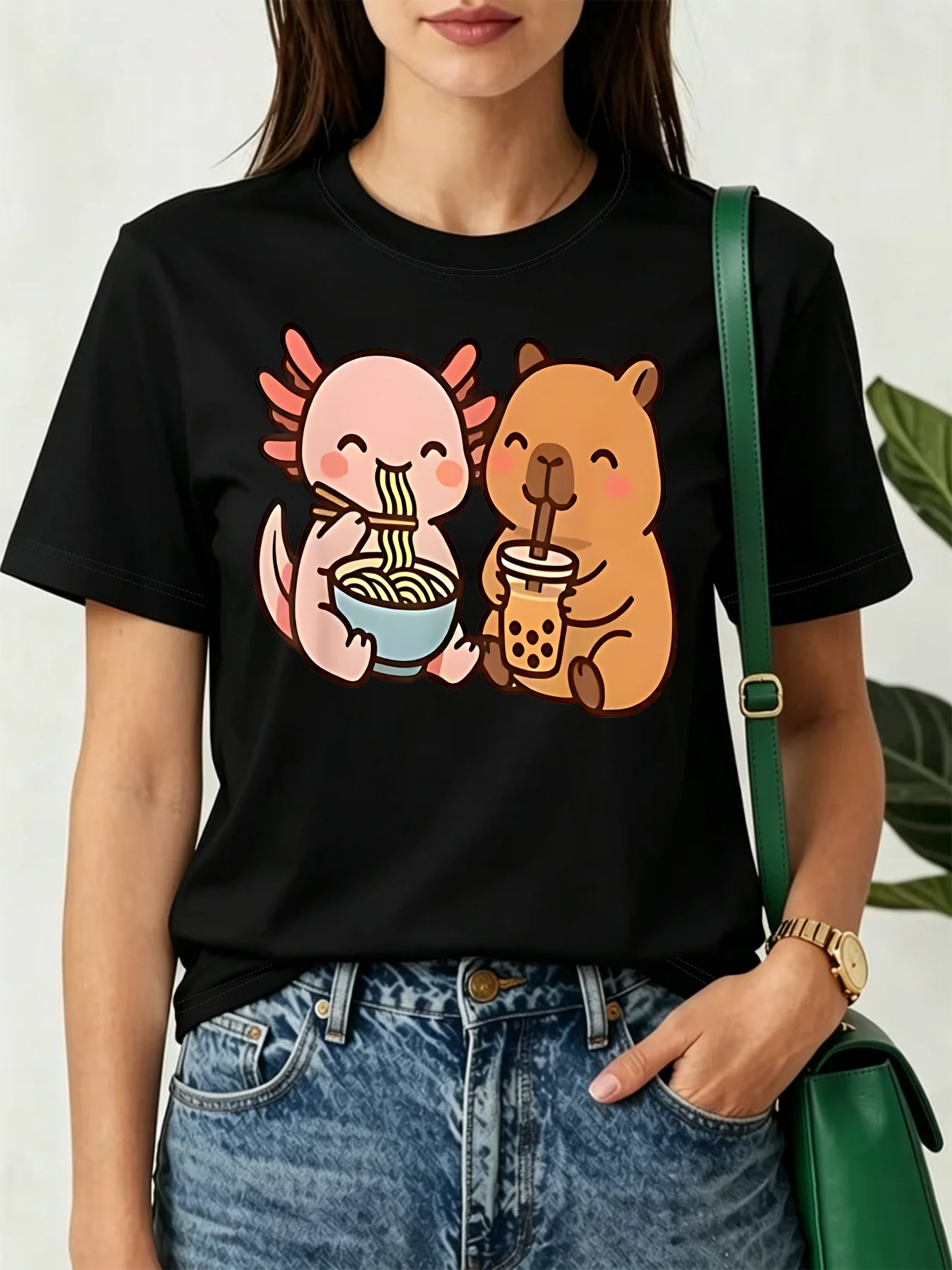 Cute Axolotl And Capybara Noodles Bubble Tea Art Print Graphic Womens T Shirt Short Sleeve Crew Neck Casual Ladies Tee Tops
