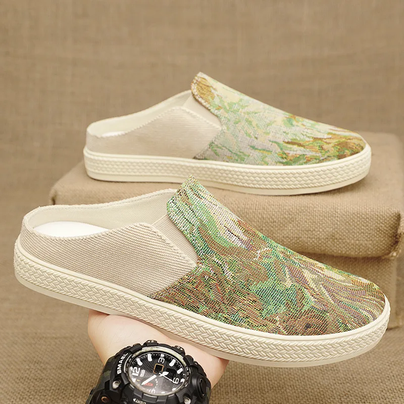 Half Shoes For Men Mules Canvas Slip On Flats Slippers Summer Backless Slippers Loafers 2025 Man Slides Mens Casual Shoes