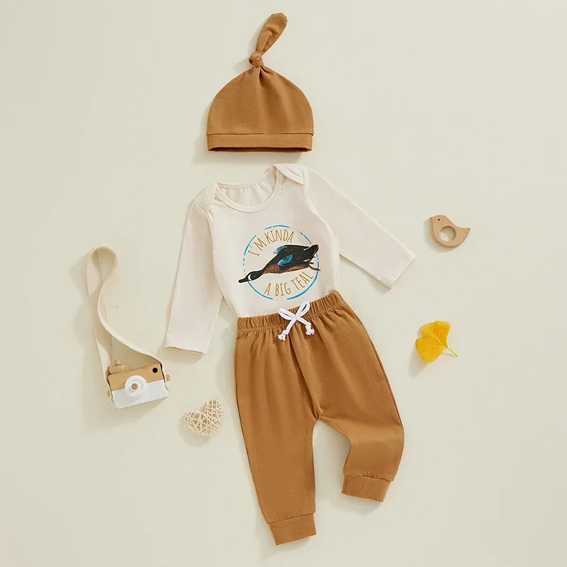3-Piece Baby Boys Set Letter Duck Print Long Sleeve Round Neck Romper Long Trousers Hat Outfits