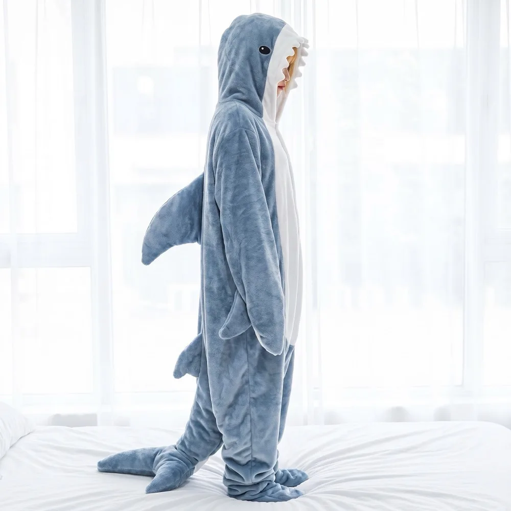 Cartoon Shark Hooded Wearable Blanket Soft Polyester Flannel Sleeping Bag Pajamas Adult Homewear Night Robe Winter Bathrobe