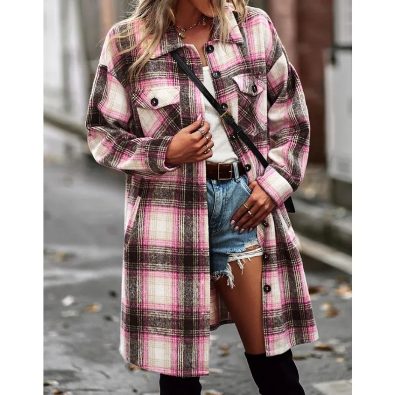 New Women's Fashionable Autumn/Winter Long Sleeved Long Shirt Blouse Ladies Casual Lapel Plaid Long Shirt Tops