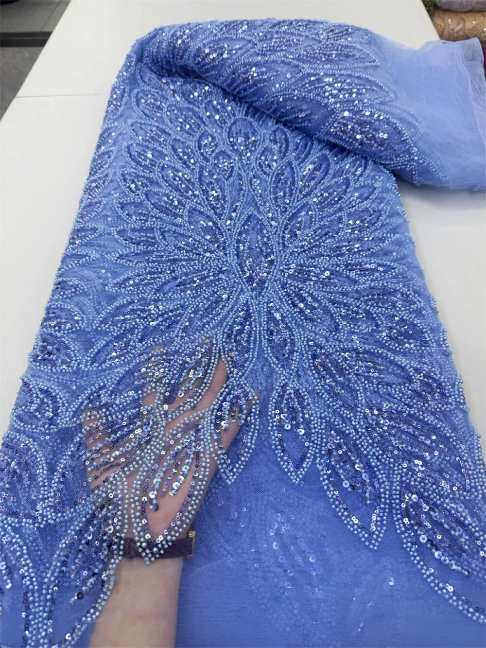 

Heavy Beaded&Sequins Lace Original Highest Quality African Embroidered Tulle Mesh Fabric For Nigerian Wedding Cloth COR46271
