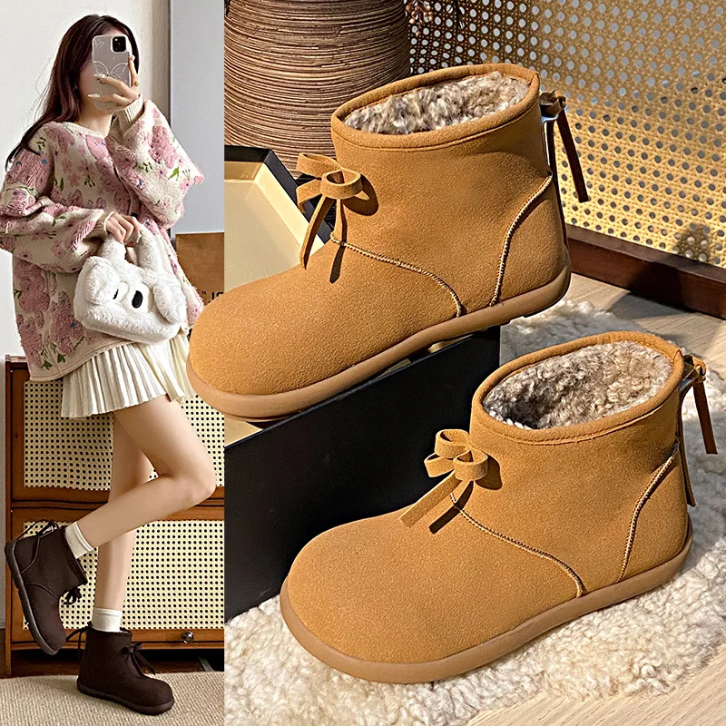 

Kawaii Retro Ugly-Cute Flat Snow Boots 2025 Winter Women Bow Tie Plush Fleece Lined Casual Short Boots Non-Slip Warm Shoes