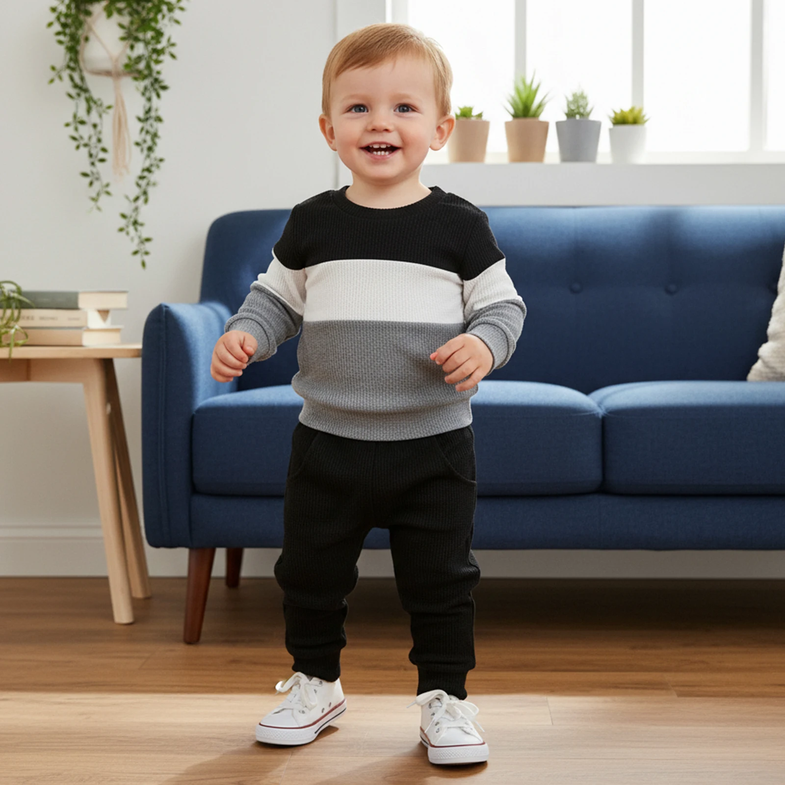 

Toddler Clothes Baby Boy Tracksuit 2 Pcs Outfit Contrast Color Striped Crew Neck Long Sleeve Pullover Tops Pants Clothing Set