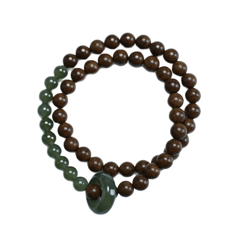 Goose Pear Combined Incense Beads with Hetian Jade Bracelet Double Circle Zodiac Year Men Women Wenwan Jewelry Holiday Gift