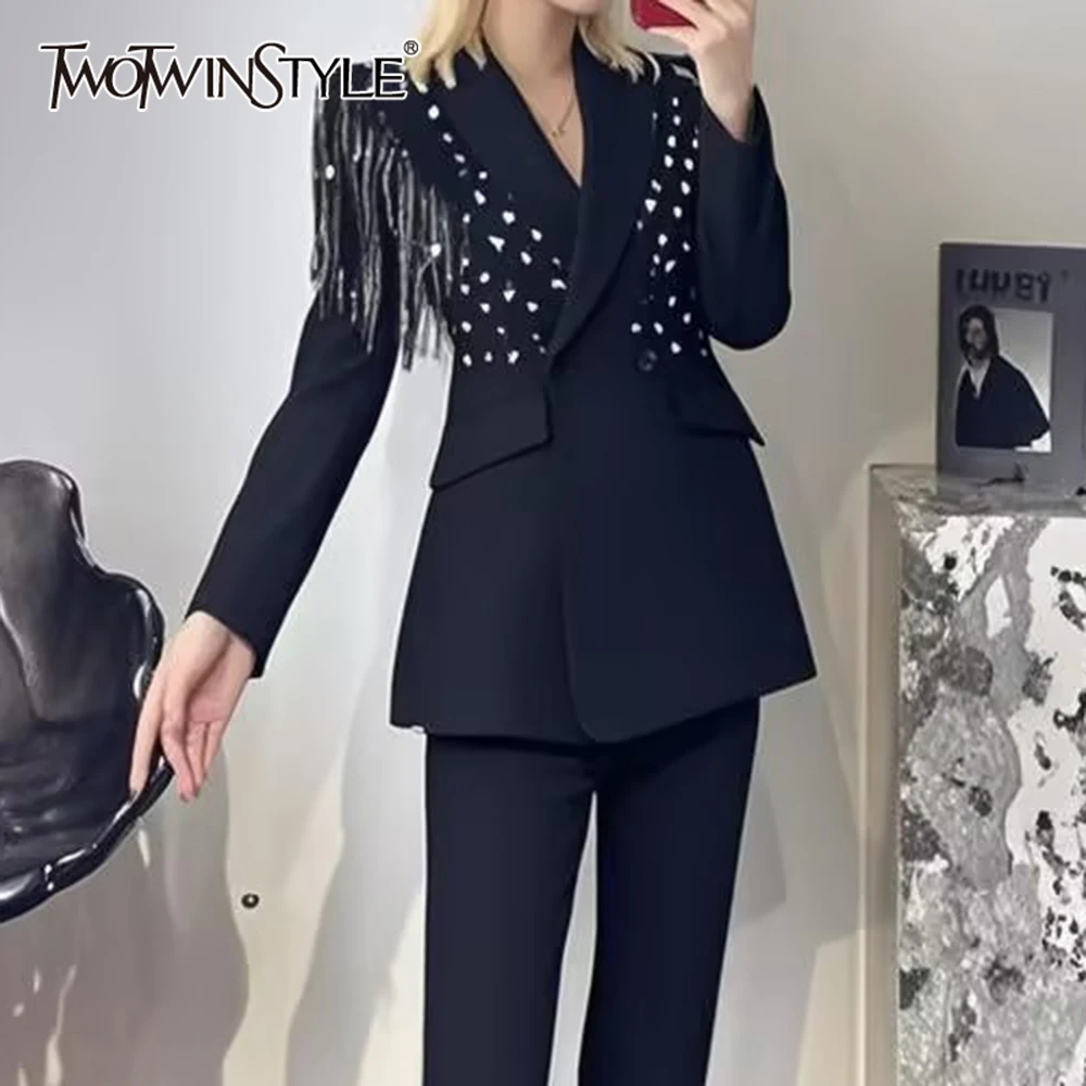 

TWOTWINSTYLE Solid Slimming Two Piece Sets for Women Lapel Long Sleeves Spliced Bead Blazer High Waist Pants Set Female Clothing