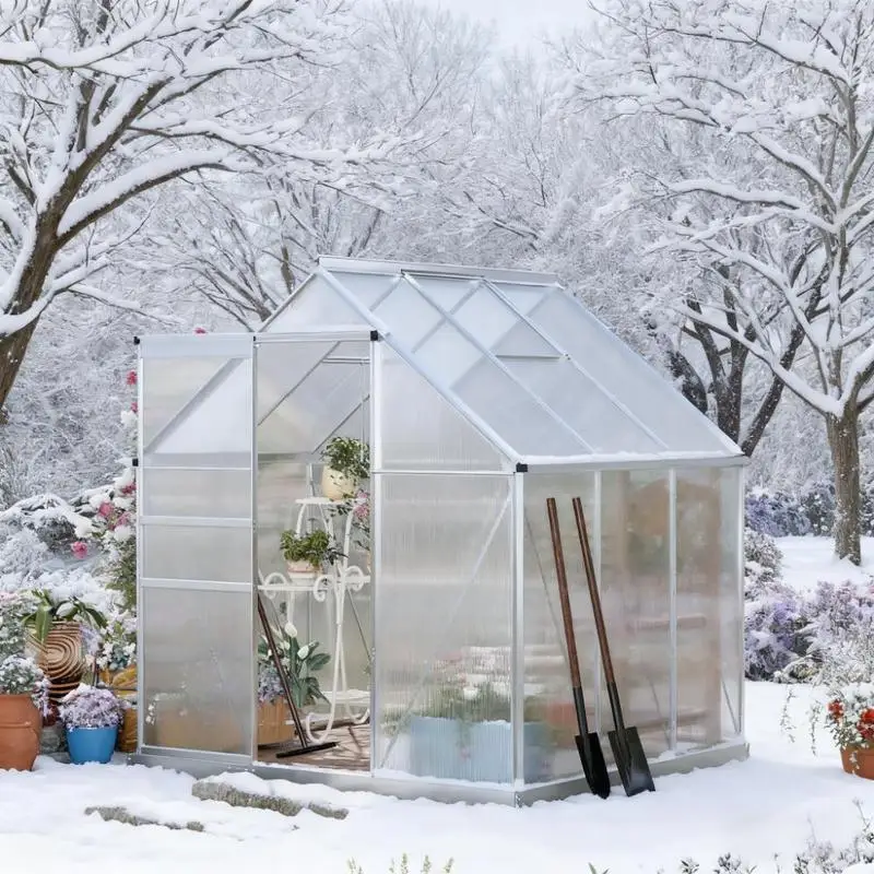 

Heavy Duty 6.2' x 6.2' x 6.6' Aluminum Greenhouse with Adjustable Roof Vent, Rain Gutter, and Sliding Door for Winter Use
