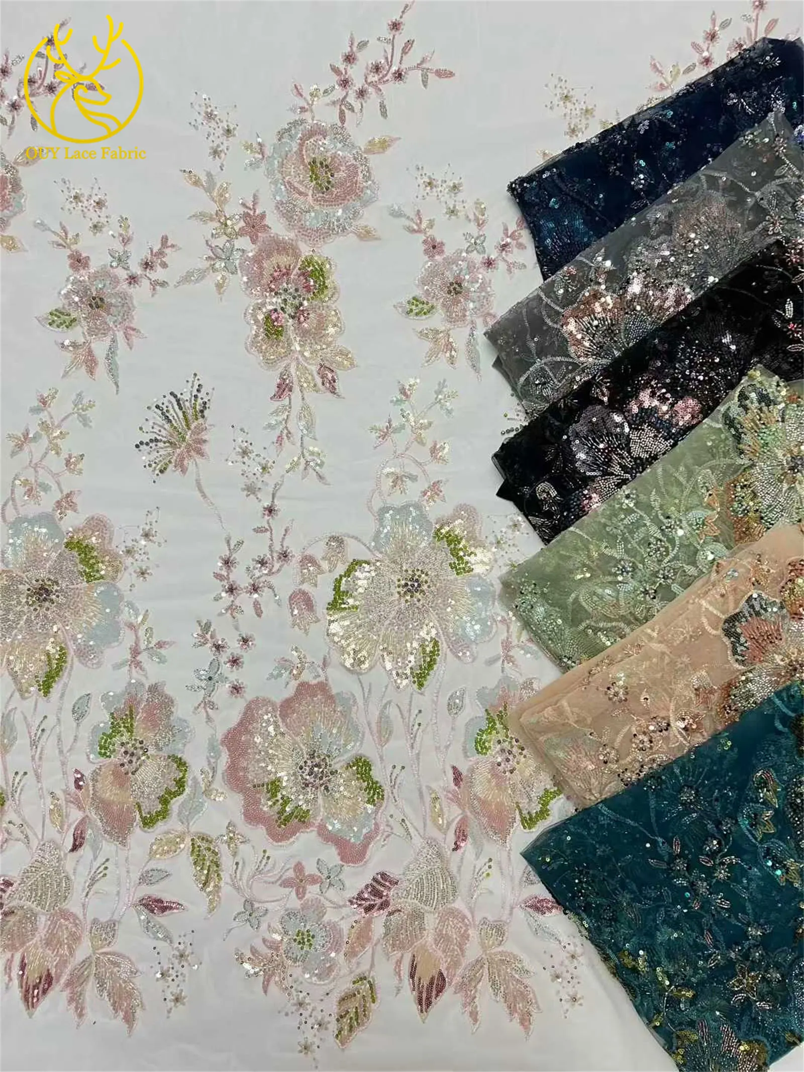 Afrikanischer schwerer Perlen-Spitzenstoff, 5 Yards, luxuriöse französische Pailletten-Spitze, Nigeria-Stickerei, Tüllspitze für Hochzeitskleider – Detail 25