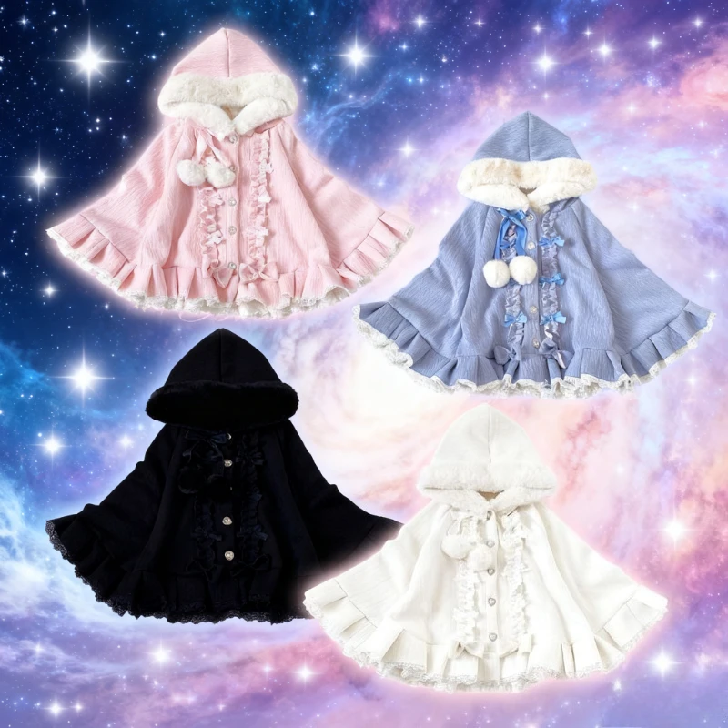 Winter Chiristmas Cape Jackets 2025 Women's Overcoats Japanese Outwear Rabbit Ears Japanese Hooded Coats American Vintage Tops