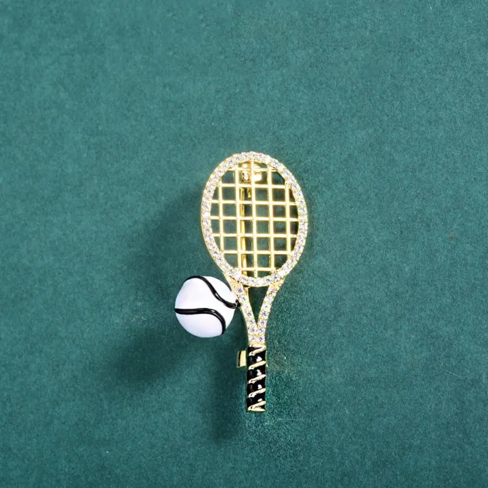 Personality Alloy Tennis Racket Brooch Zircon Rhinestone Enamel Metal Clothes Pin Korean Style Vintage Gold Brooch Daily