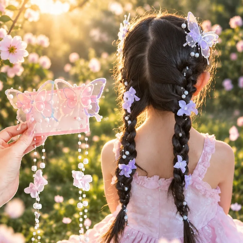 2Pcs Kids Ancient Style Butterfly Flower Pearl Tassel Braid Hair Clips New Girls Braided Hair Chain Princess Hair Accessories