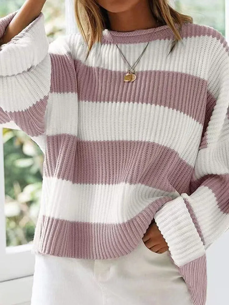 Autumn And Winter O Neck Long Sleeve Striped Sweater For Women 2024 Fashion Bell Sleeve Loose Knitted Sweaters Y2k Preppy style