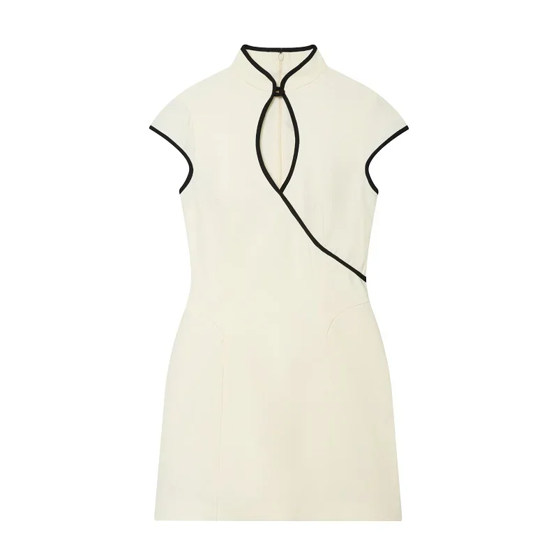 MUJER Ausgeschnittene kurze Kleider für Damen, Sommer-Minikleid im Kontrast-Stil, Partykleider im chinesischen Stil, ärmellose Kleider für Damen – Detail 2