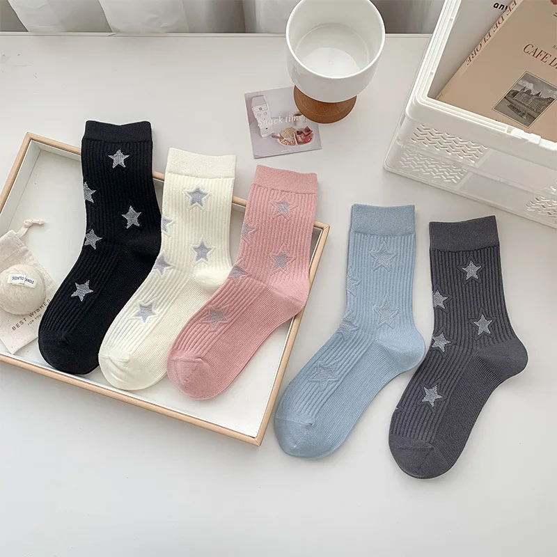 5 Pairs Women's Socks Set Korean Kawaii Sweet Comfortable For Girl Wholesale Pentagram Simple Versatile Breathable Cotton Socks