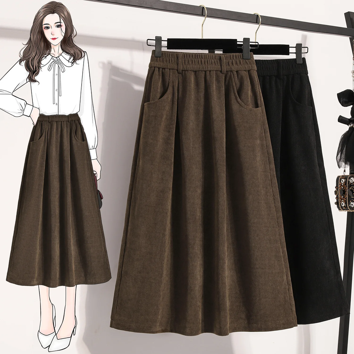 Retro Minimalism Black Corduroy A-line Skirt Women Spring Elastic High Waist Pockets Elegant Comfortable Chic Office Midi Skirts