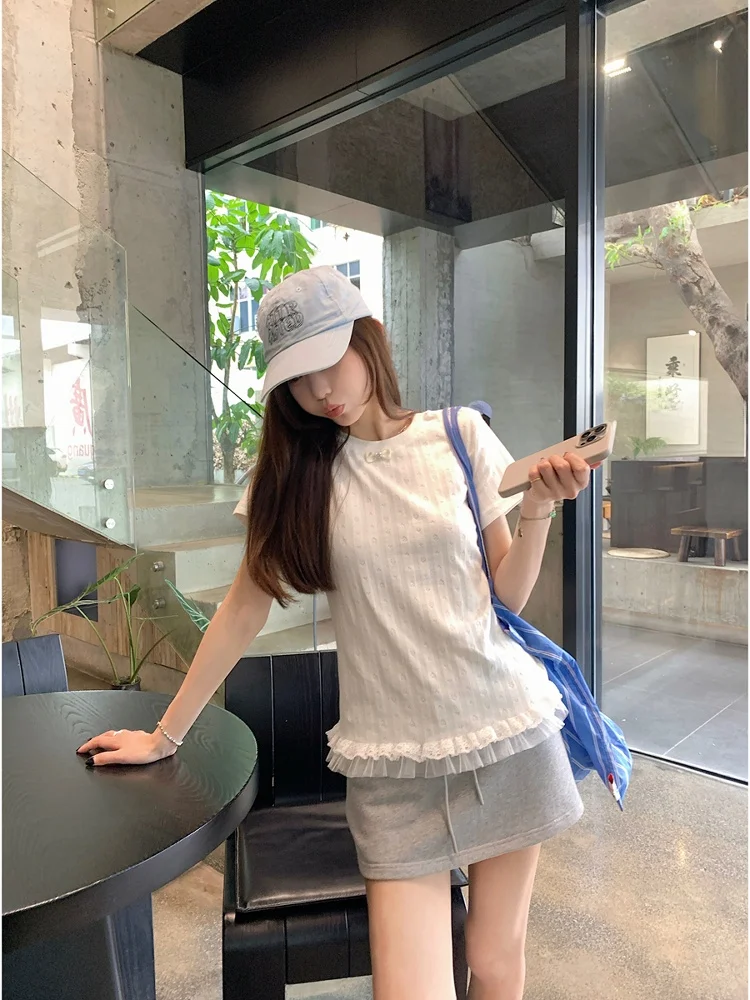 Korean Sle Lace Trim Heart Pattern Knitted ort Sve T-irt Women's Summer Slimming Chic Top Commute Sle Straight Cut