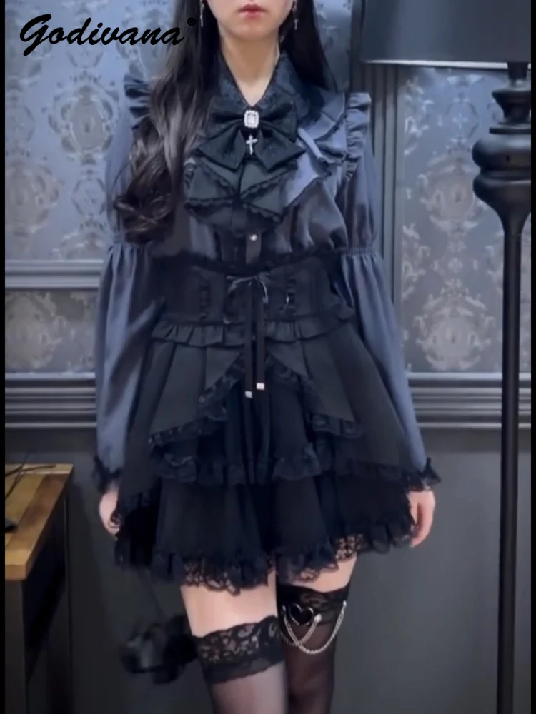 

Japanese New Autumn Gothic Ruffled Flare Sleeve Cross Cute Bow Lolita Blouses Subculture Female Girls Long Sleeve Shirt Tops