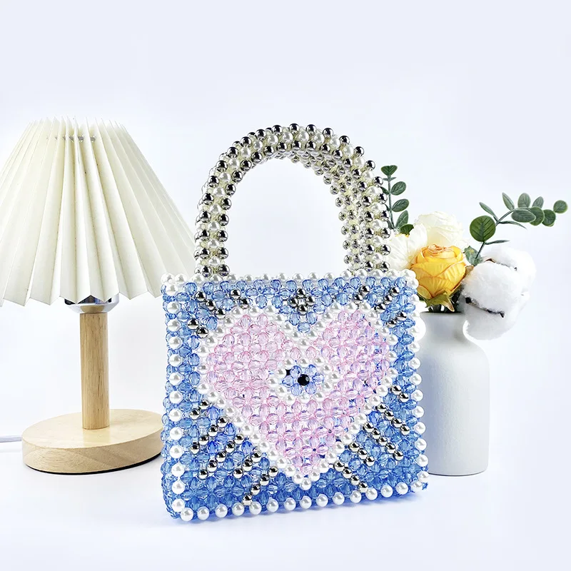 Fashion Handmade Beaded Bag Design Light Blue Heart Pattern Handbag Pearl and Acrylic Beaded Women's Evening Bag Sac A MainFemme