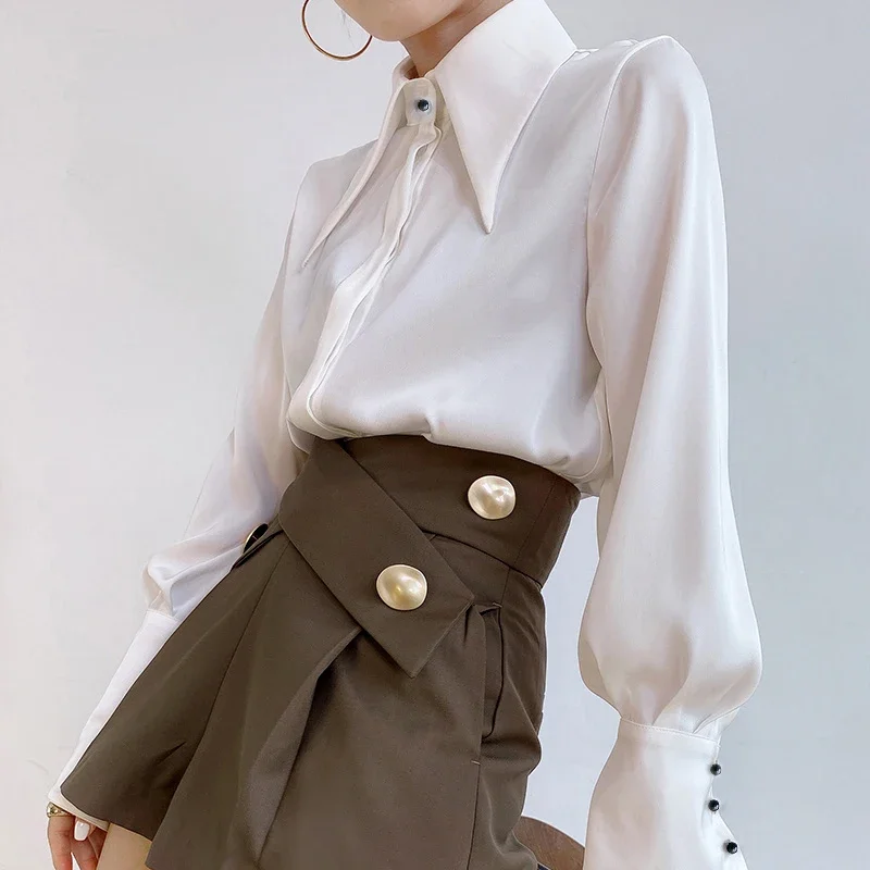 Autumn Vintage Satin Silk Women Shirt Turn Down Collar Woman Loose Blouse White Long Sleeve Shirts Blusas Office Lady Tops Chic