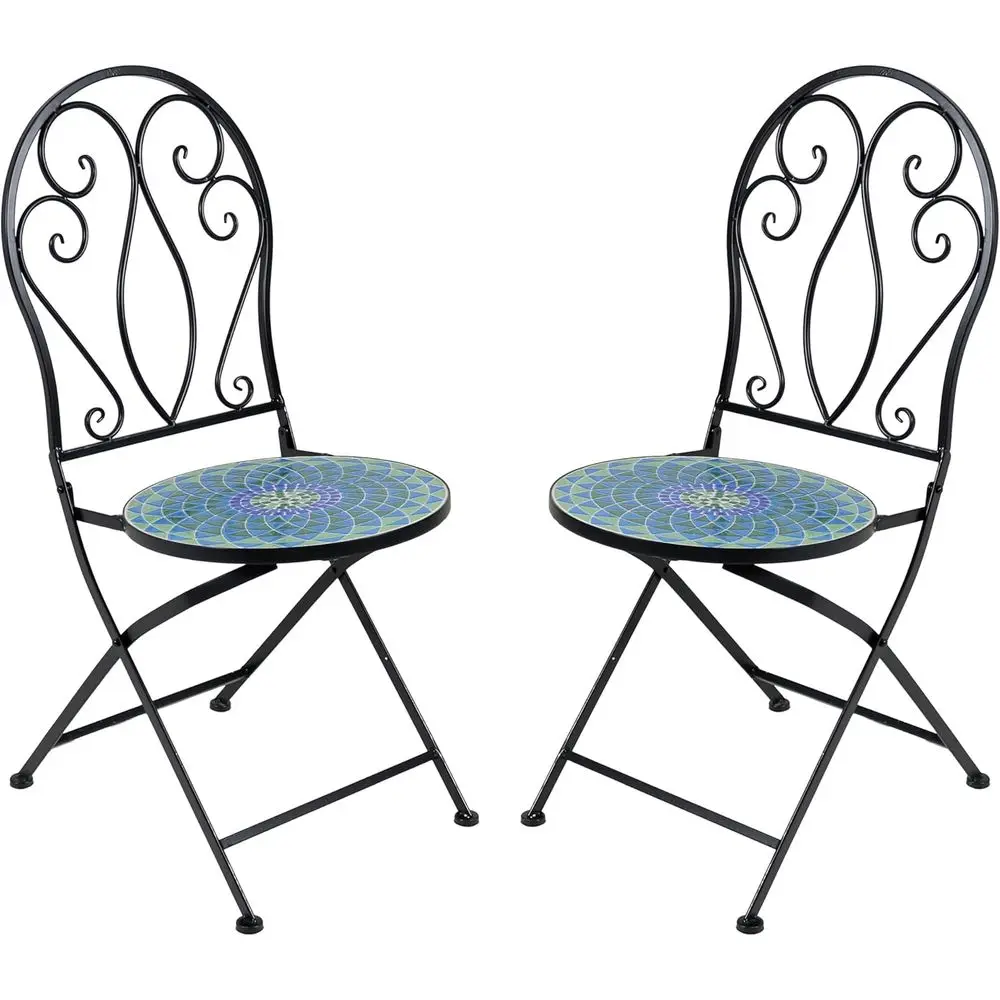 

Vintage Iron Bistro Chairs Set of 2 - Compact Folding Design, Black with Scroll Back
