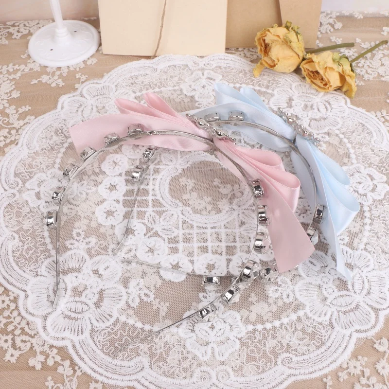 Handmade Sweet Mine Series Big Bow Rhinestone Buckle High Skull Top Headband Girls Hair Accessories Cute Hairband Headwear