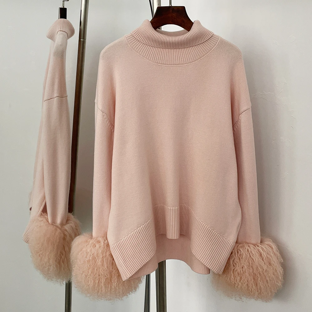 OFTBUY Real Mongolia Sheep Fur Sweater Spring Autumn Oversize Cardigan Women High Collar Pullover Female Cuffs Fur Knitting Coat