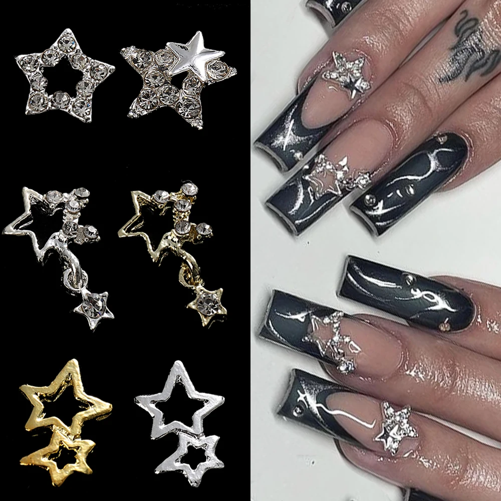 10Pcs Star Nail Charms Y2K Nail Art Rhinestone Gold Silver Five-pointed Star Metal Rivets Diamonds Deco Manicure Materials GLWEX