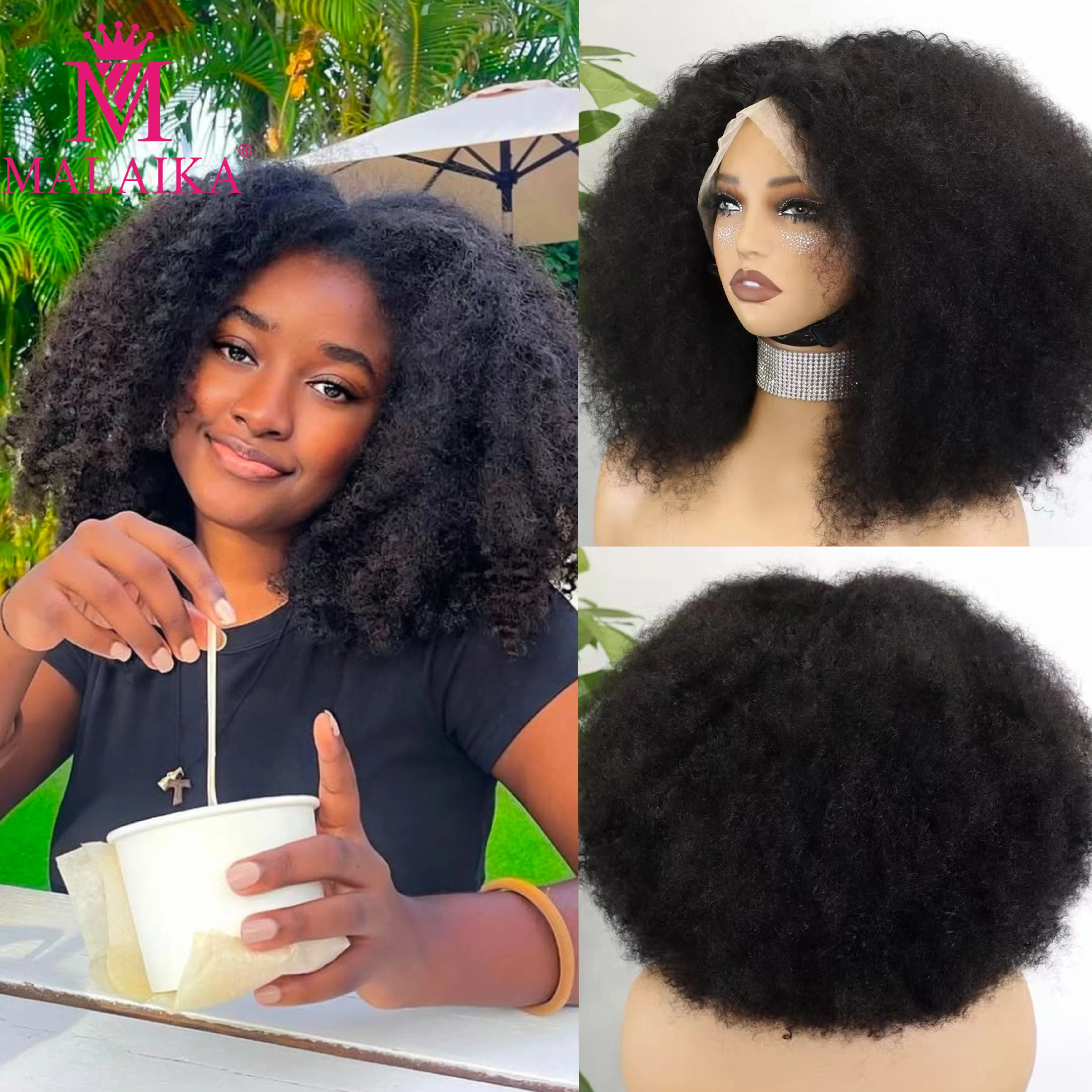 Malaika Afro Kinky Curly Human Hair Wig 350%Density Short Bob 13x4 Lace Front Real Braizlian Human hair Wig For African Women