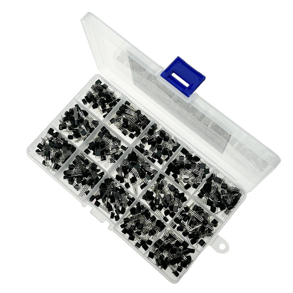 600pcs Transistor Kit  A1015 C1815 C945 S8050 S8850 2N2222 2N3904 2N3906 2N5401 2N5551 PNP NPN S9012-S9015 S9018 15 Kinds