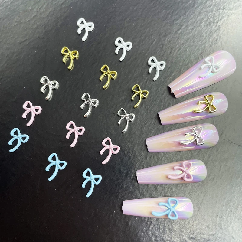 10PCS Pink White Ribbon Bow Nail Charms Korean Red Parts Nail Art Tie Decoration Kawaii Accessories Manicure Design Supplies