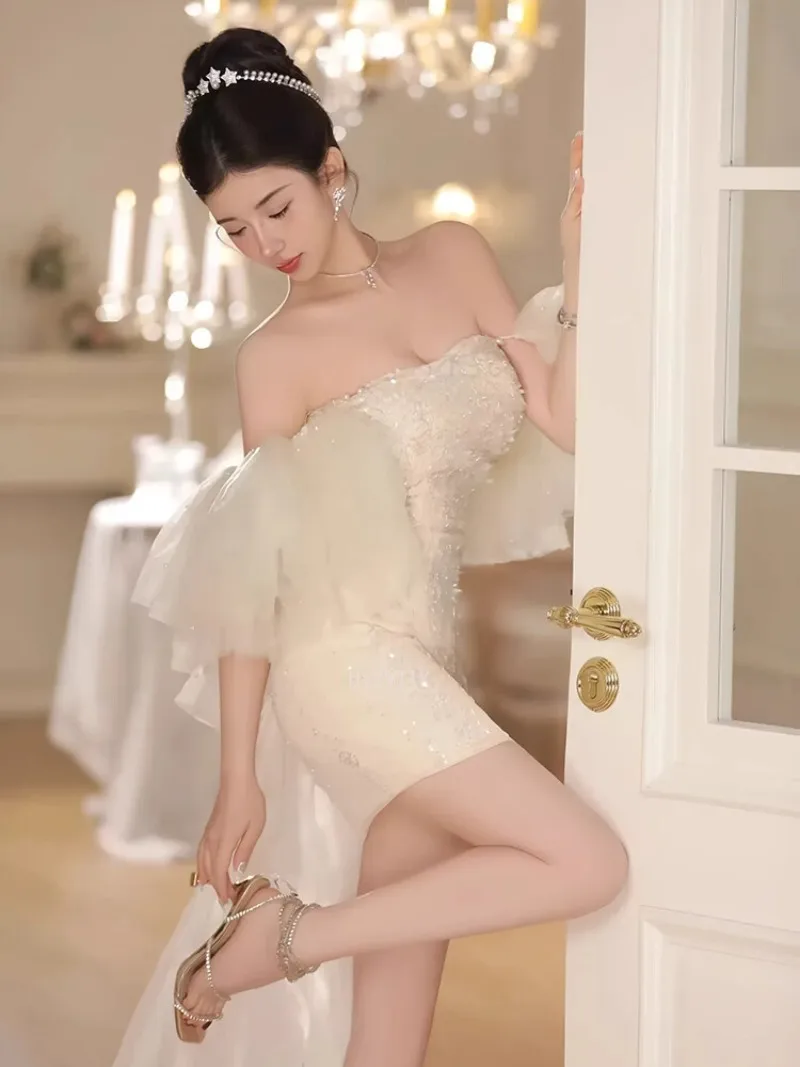 2025 женские простые короткие свадебные платья, изысканное блестящее облегающее мини-вечернее платье, модное платье с пышными рукавами для дня рождения