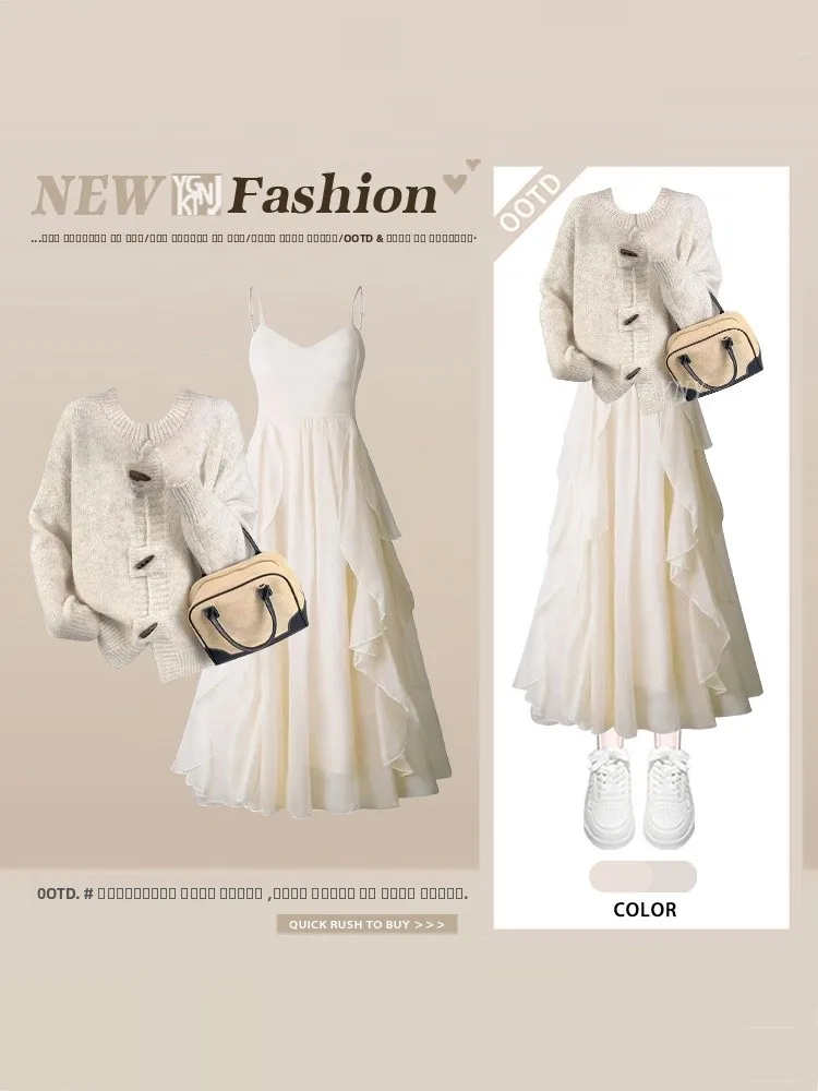 

Faionable Knitted Open Cardigan And Strap Dr Two-Piece Set for Women Winter Slimming Age-Defng Street Sle Ensemble