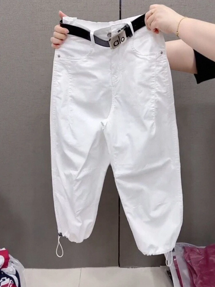 Denim cotton white curved knife pants women's 2025 new thin summer work pants fashionable versatile loose Haren pants