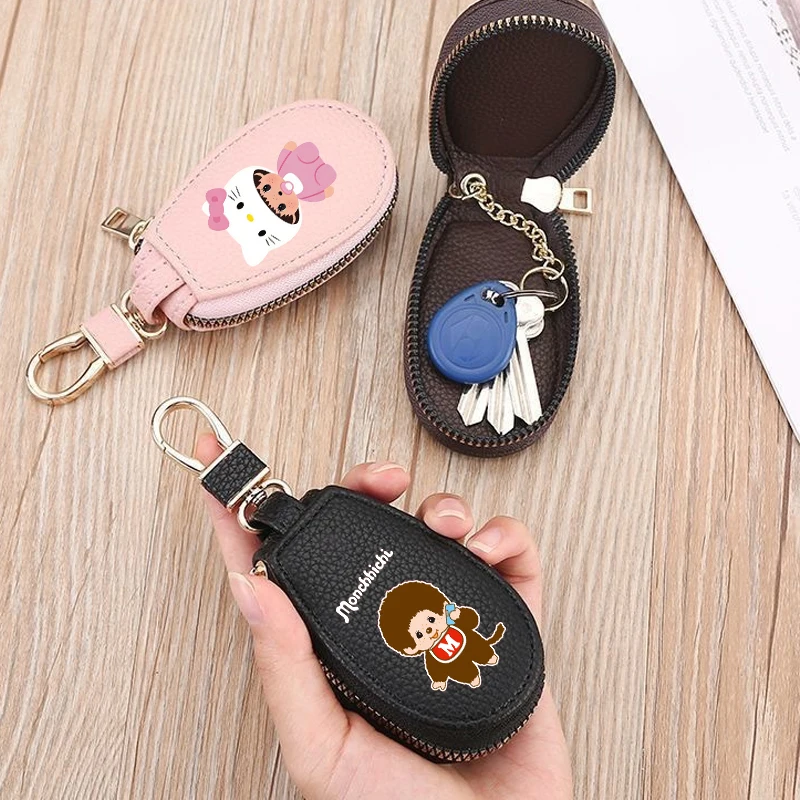 1 unidad MONCHHICHI Cartera de cuero con cremallera para llaves, llavero de bolsillo para mujer, mini monedero multifuncional, estuche para llaves, regalo de cumpleaños a la moda