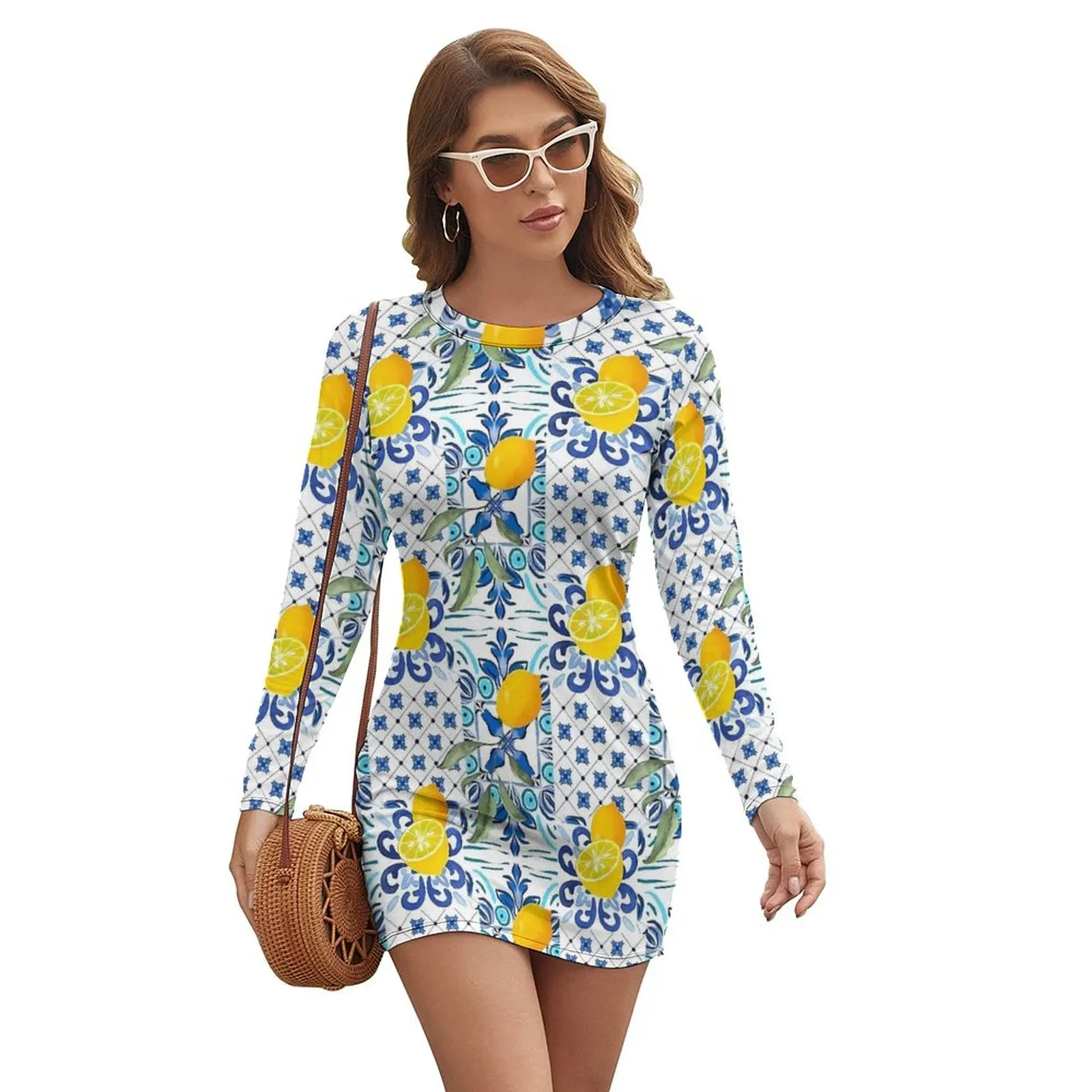 Mosaic Lemon Dress Ladies Vintage Sicilian Tiles Street Fashion Bodycon Dress Summer Long Sleeve Dresses Graphic Vestidos