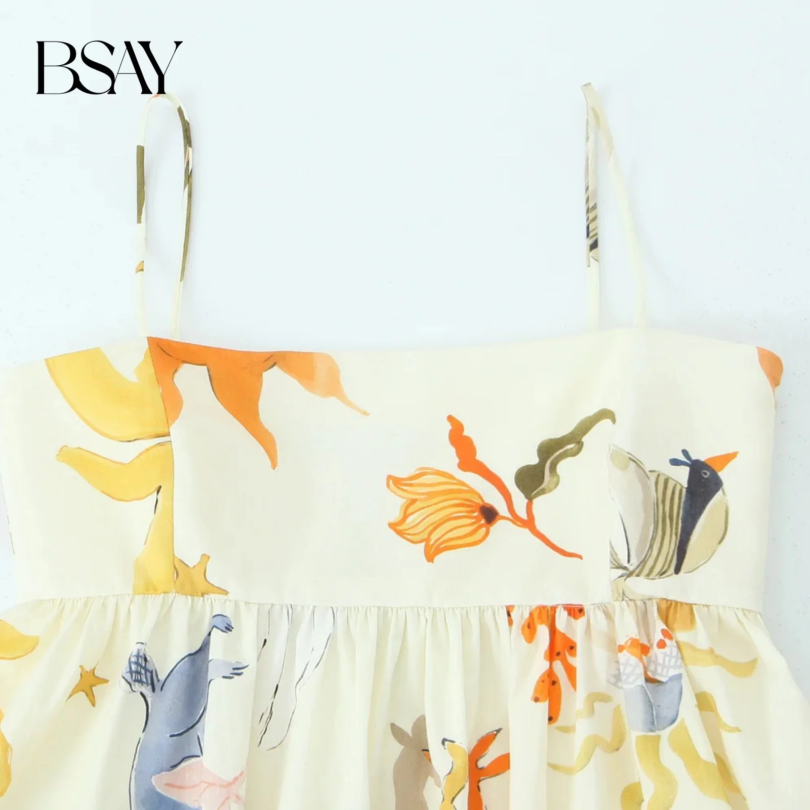 BSAY Women Fashion Summer Printing Loose Side Zip Sleeveless Backless Sling Mini Dress Chic Female French Elegance Evening