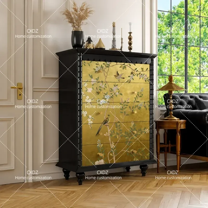 Solid Wood Chest of Drawers Side Cabinet Customizable Storage Unit Against Wall for Living Room Sofa Area