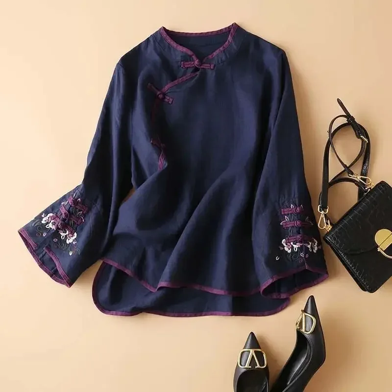 

Sky02 Chinese Traditional Tang Suit Blouse Women Embroidery Cotton And Linen Oversize Long Sleeve Ladies Casual Top Hanfu C88Li