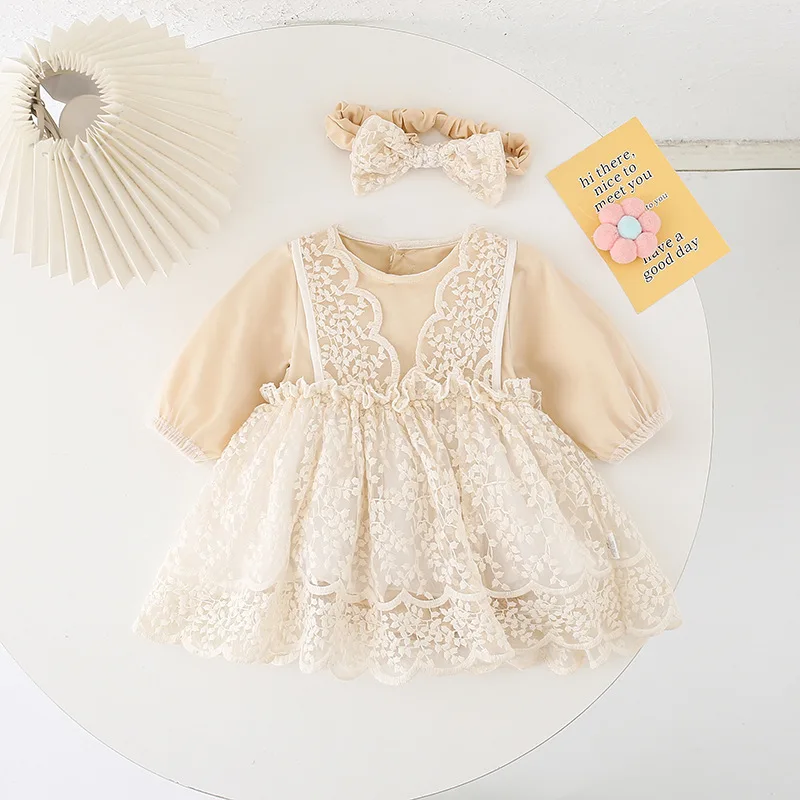 

2025 Ins Autumn Infant Baby Girls Rompers Long sleeved Round neck Newborn Girls Bodysuits Lace-trimmed Baby Girls Jumpsuits