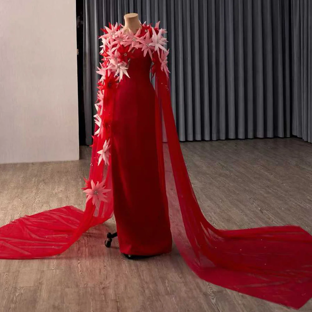 Robe de soirée rouge à col rond et fermeture éclair, avec détails de fleurs en cristal 3D, gaine personnalisable, robe de soirée élégante pour femmes