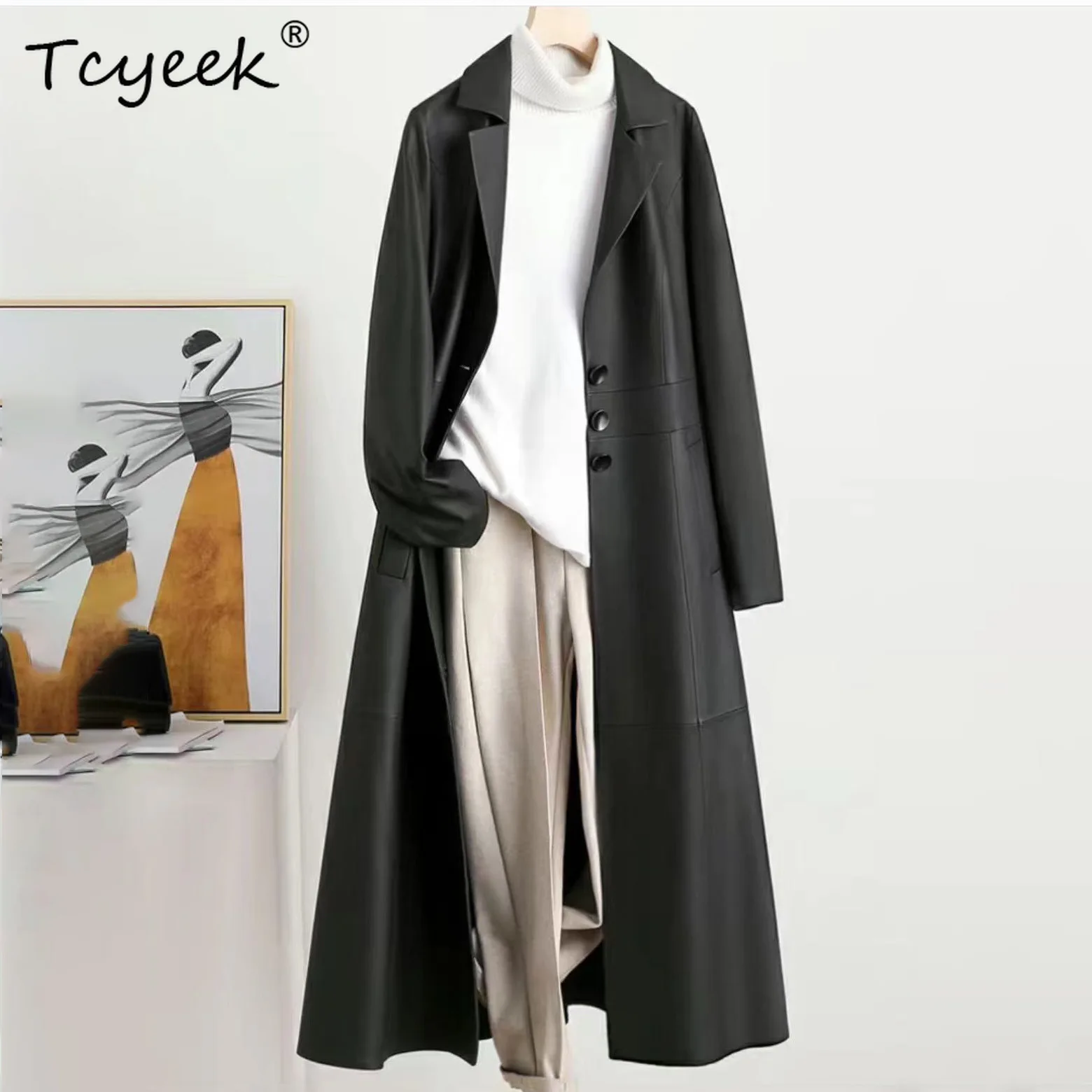 Tcyeek Echt Schaffell Frühling Herbst Schwarz Anzug Kragen Lange frauen Aus Echtem Leder Jacke Jaqueta De Couro Legítimo Feminina