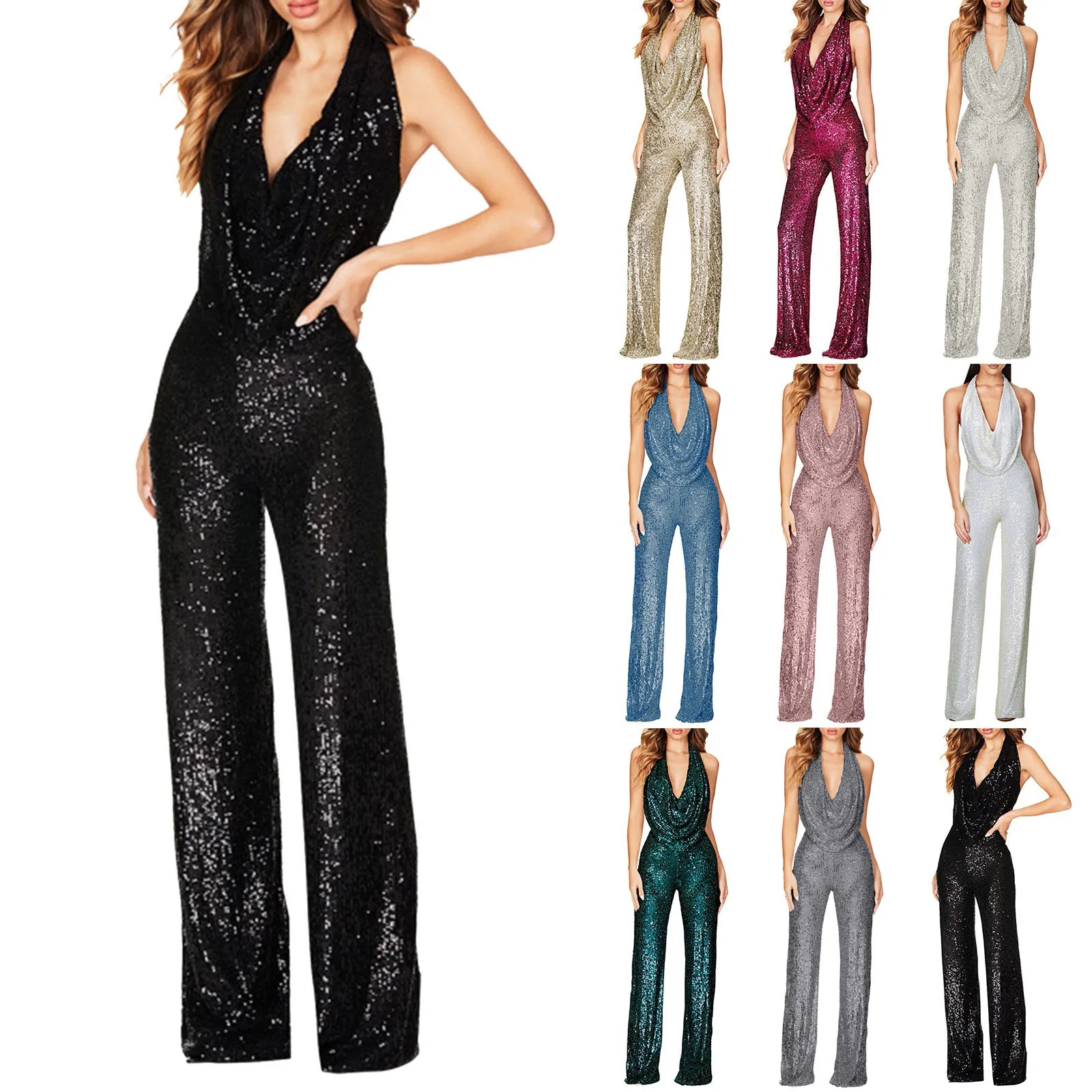 Monos elegantes de pierna ancha con escote en V profundo para mujer, monos de una pieza con cuello Halter sin mangas, pelele de fiesta brillante con lentejuelas a la moda