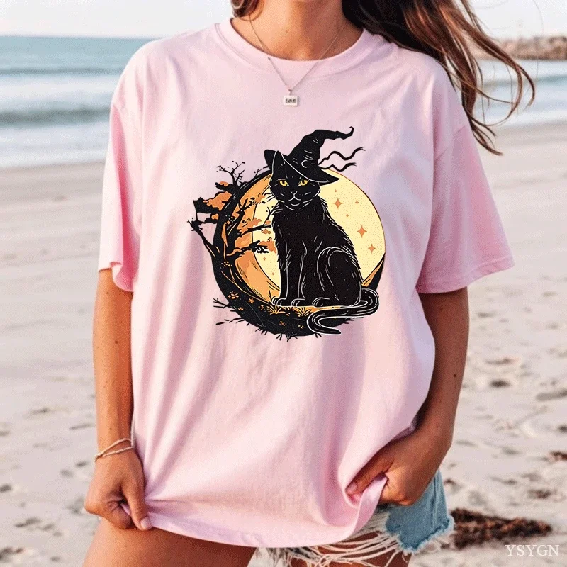 Halloween Black Cat Witch Hat Womens Crew Neck Short Sleeve T Shirt Spooky Moon Star Night Graphic Tees For Ladies Daily Wear