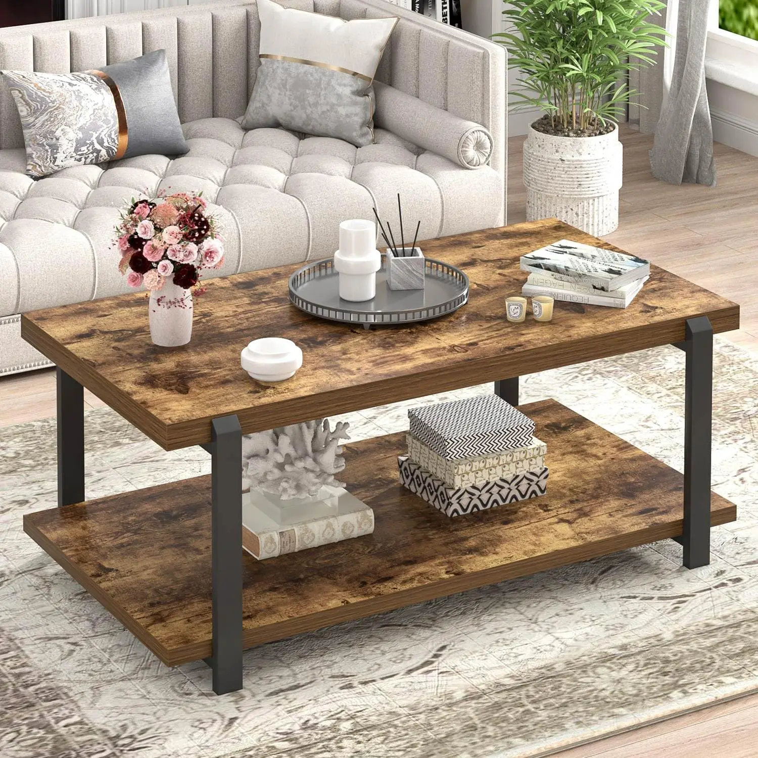 

Modern Coffee Table, Rustic Wood Center Table with Storage for Living Room, Industrial Rectangle 2