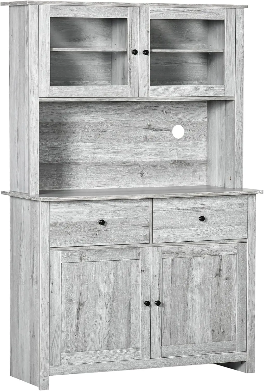 Kitchen Buffet with Hutch Pantry Storage Cabinet with 4 Shelves Drawers Framed Glass Doors Open Microwave Countertop Ash Grey