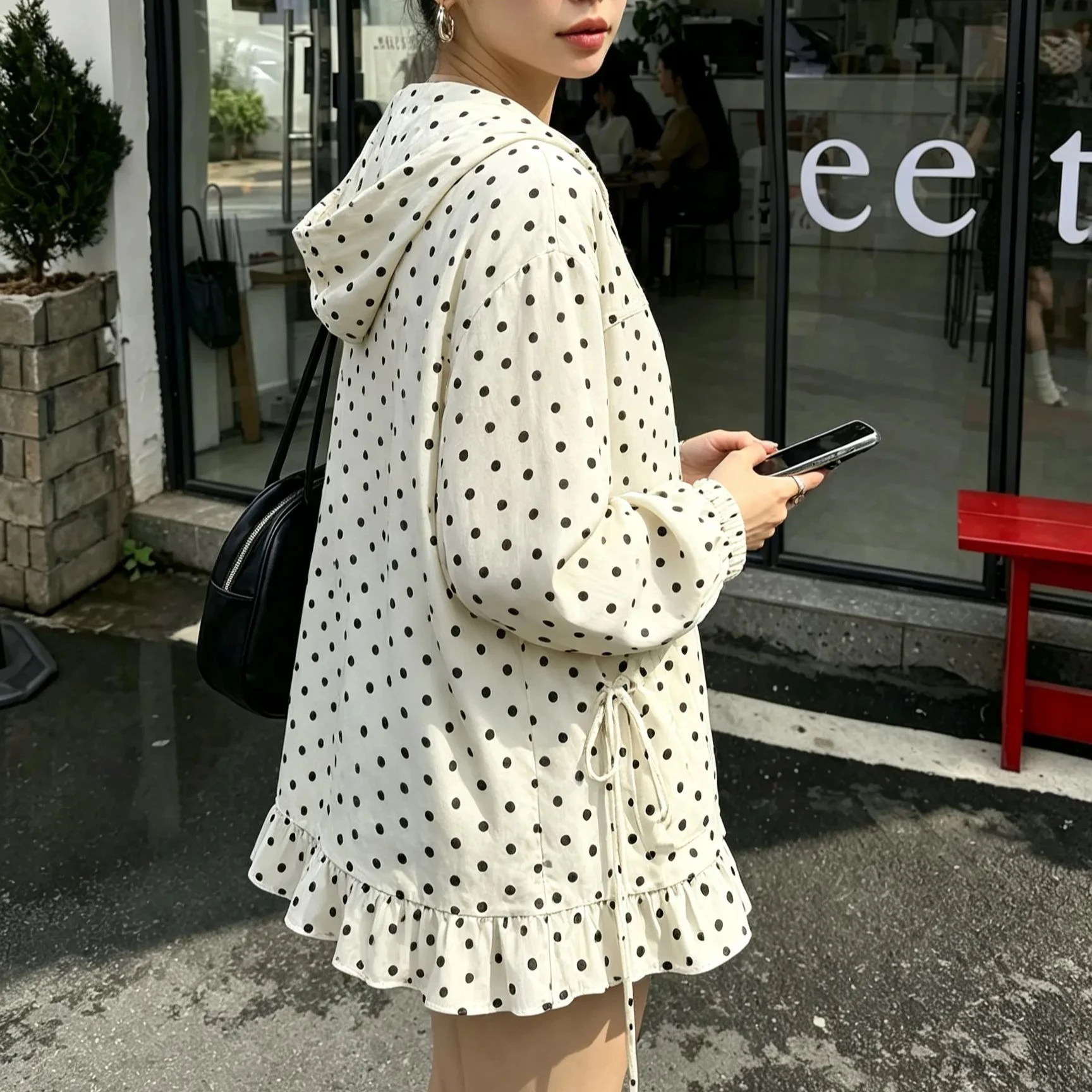Women Linen Blend Hooded Zip Up Polka Dot Jacket Ruffle Hem Drawstring Pocket Lightweight Casual Coat