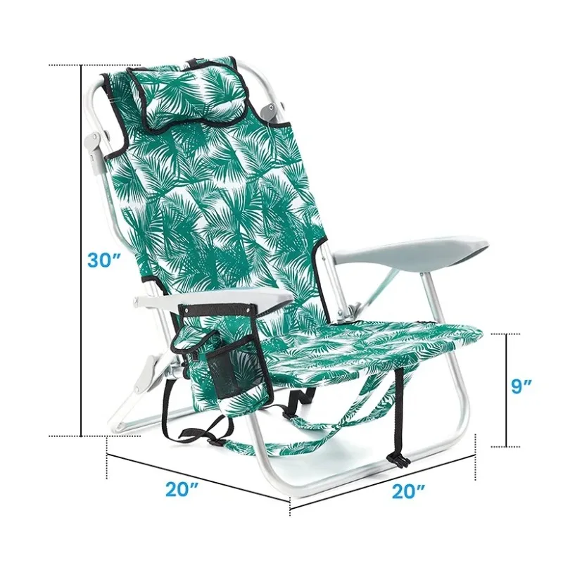 Factory Direct Durable 5-Position Adjustable Beach Chair with Wood Armrest Foldable Aluminum Backpack Cooler Bag for Parks