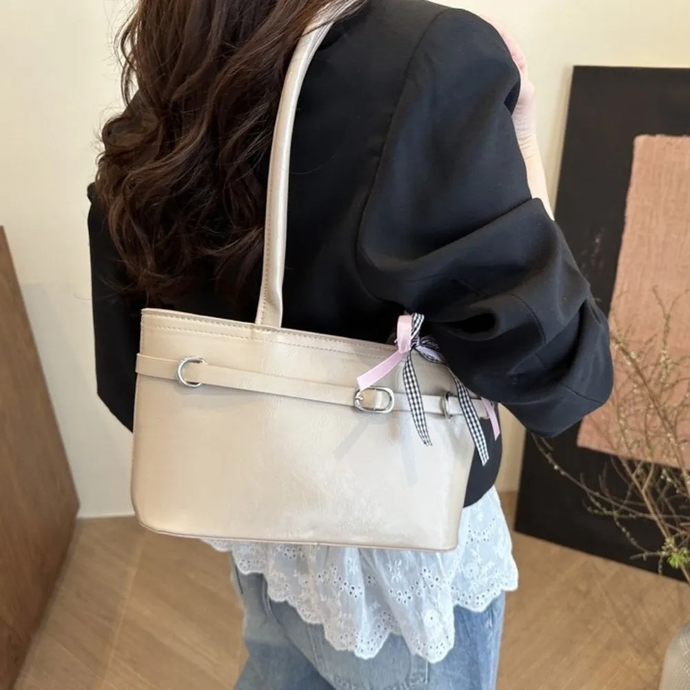 Sweet PU Leather Bow Ribbon Shoulder Bag Korean Style Y2K French Stick Underarm Bag Zipper Leisure Women Handbag Women 3